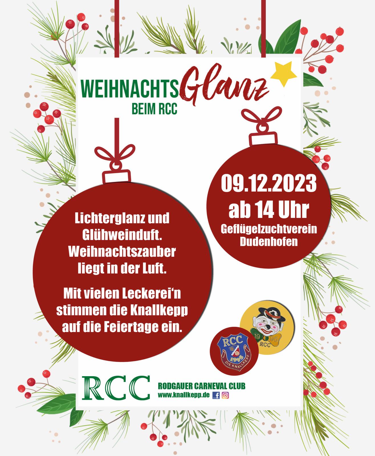 Mehr über den Artikel erfahren WEIHNACHTSGLANZ BEIM RCC – Der kleine & feine Weihnachtsmarkt am 09.12.2023 ab 14:00 Uhr